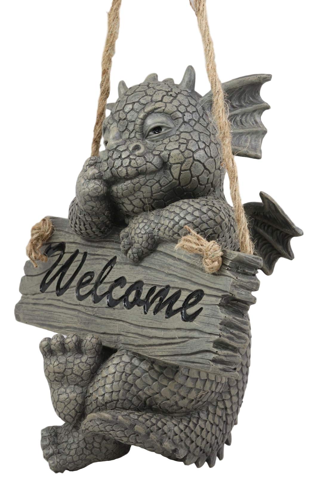 Ebros Whimsical Jute Strings Hanging Welcome Garden Dragon Picking Nose Statue Cute Wyrmling Figurine Dungeons and Dragons Mythical Fantasy Sculpture Guest Greeter Tree Branch Hanger Patio Decor (Rope Hanging Welcome Dragon)