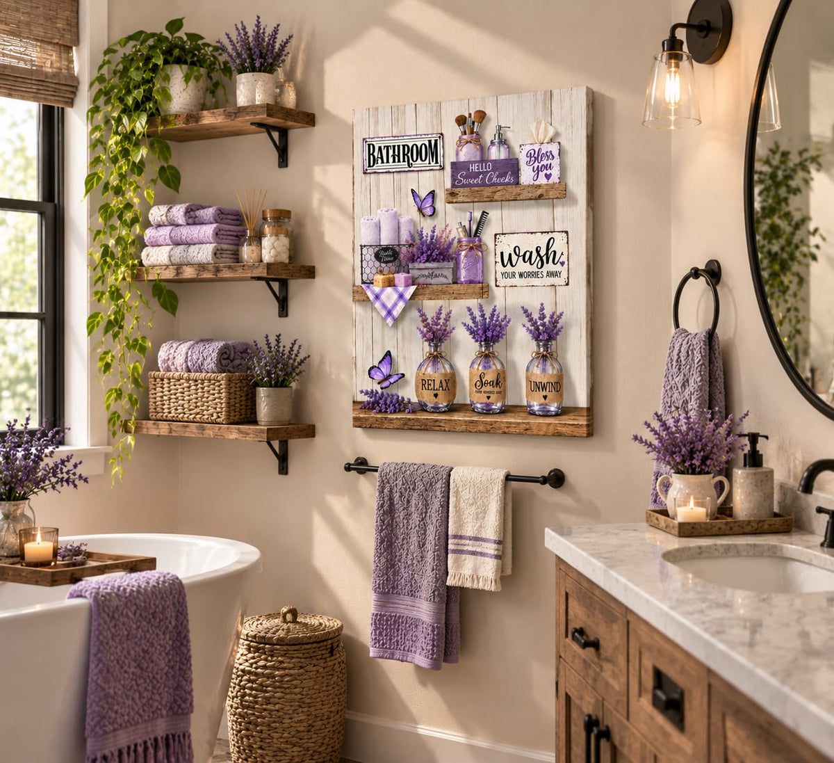 Purple Bathroom Canvas Wall Art 16x24Inches (Purple Canvas / 24"L x 16"W)