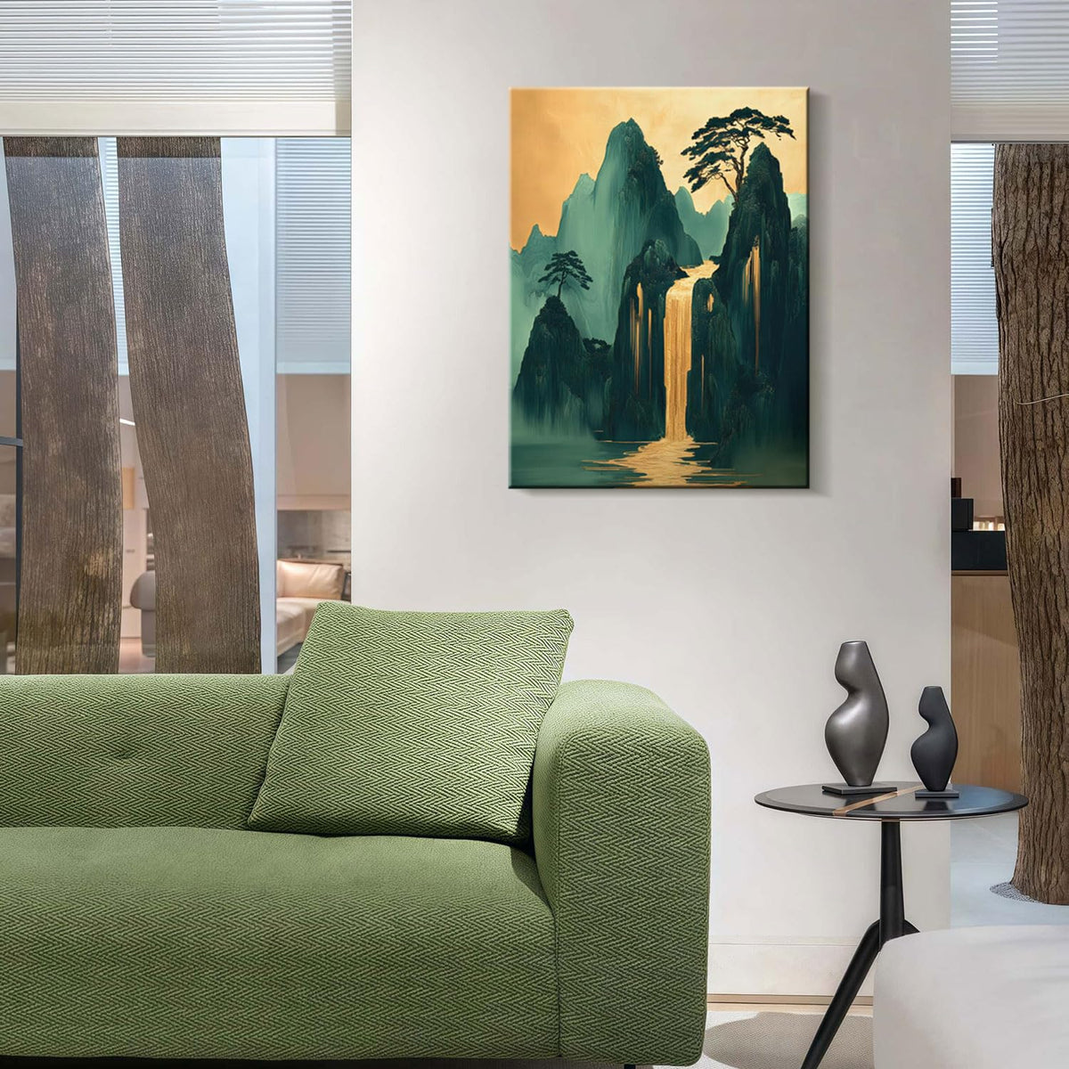 Green Gold Japanese Mountains Waterfall Wall Art 12x16 Inch (Green Gold Mountains / 16"L x 12"W)