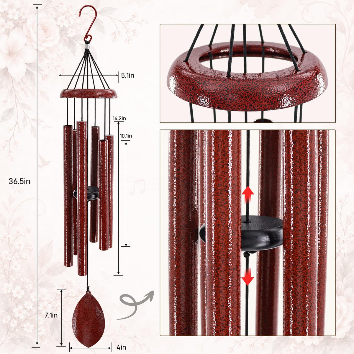 36 Inch Deep Tone Wind Chimes for Outside (36"ruby Red)