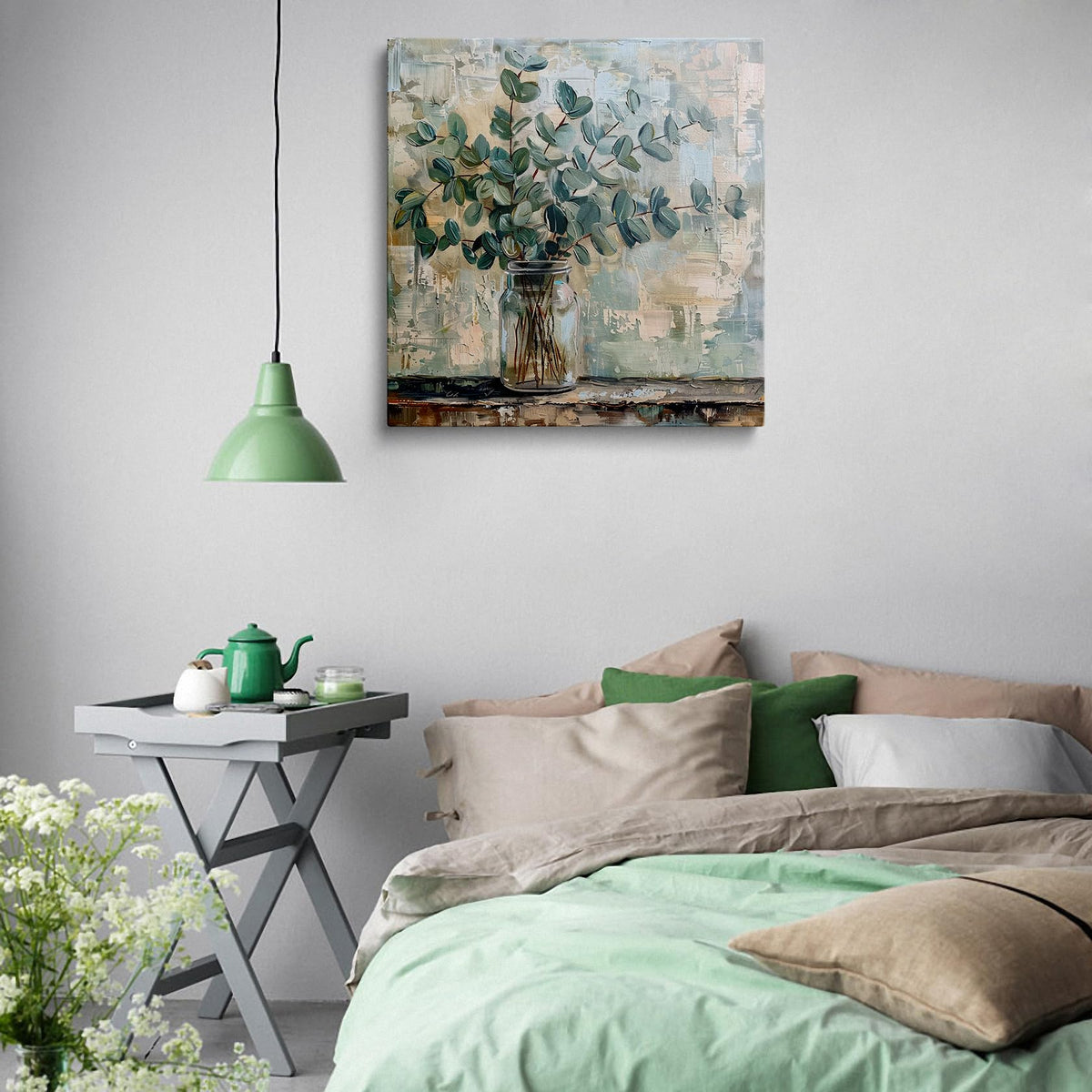 Botanical Canvas Wall Art Framed Eucalyptus Vase Neutral Decor 14x14 Inch (Eucalyptus Vase / 14"L x 14"W)