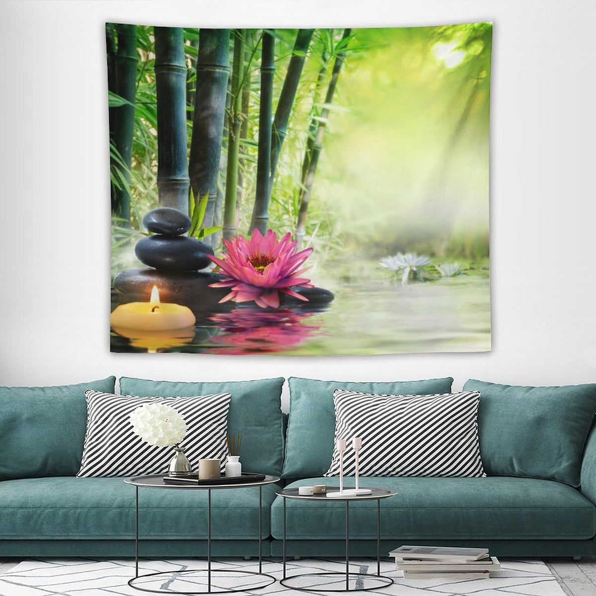 Japanese Garden View Tapestry Wall Hanging Spa Water Lotus Flower Zen Stone Relaxation Bamboos Candles Tapestries Home Decor for Living Room Bedroom Farmhouse Apartment Dorm 50"x60" (50"L x 60"W / Zen-17)