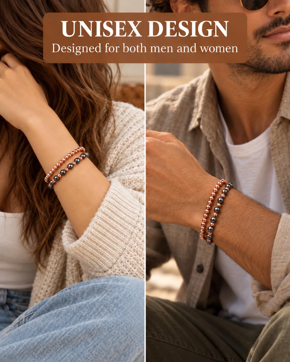 Copper Beaded Bracelet for Women Men (copper-4+6mm-2pack)