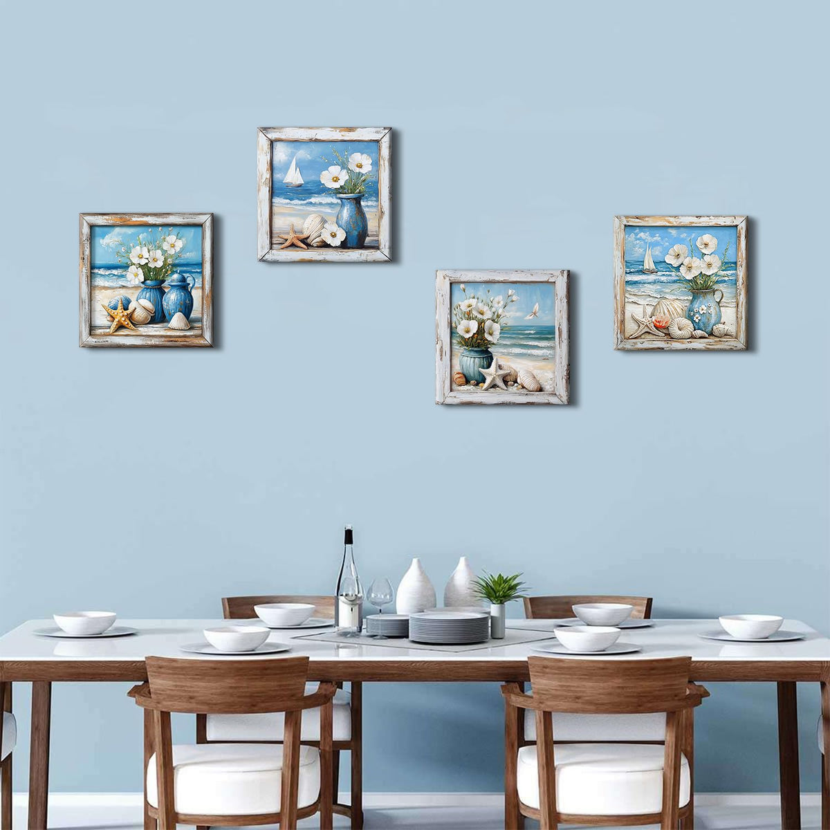 Coastal Wall Art Nautical Bathroom Decor Vintage Beach Theme Pictures Wall Art Vintage Beachy Paintings Canvas Prints Watercolor Flowers Posters Blue Seascape Framed Artwork Home Decorations 12x12” (12"L x 12"W / Beach)