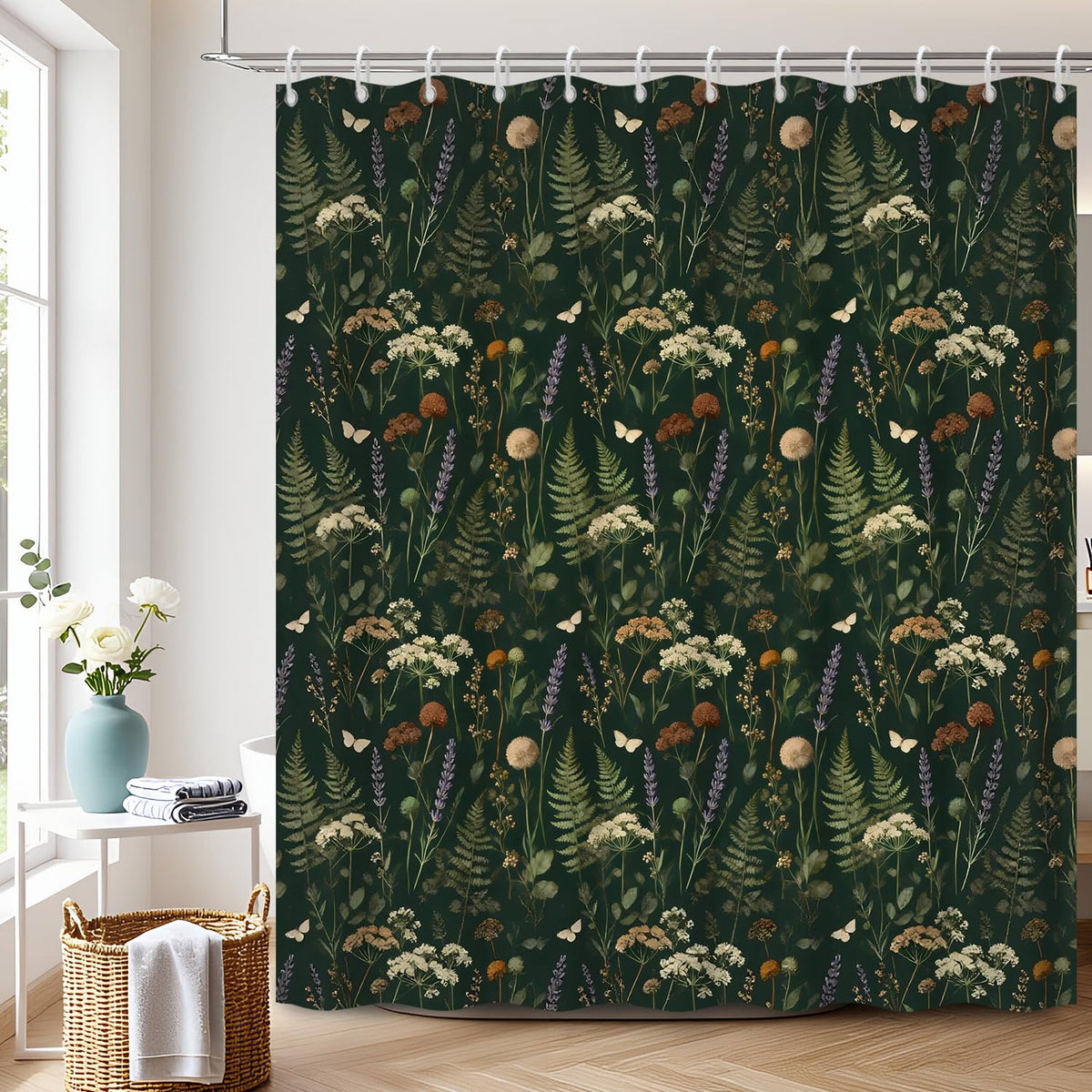 Dark Green Botanical Shower Curtain with Hooks (Dark Green Floral / 72"W x 72"L (Pack of 1))