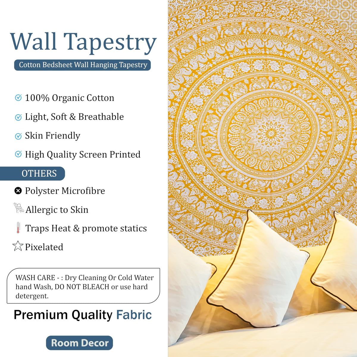 Cotton Mandala Tapestry (Yellow / 84"L x 90"W)