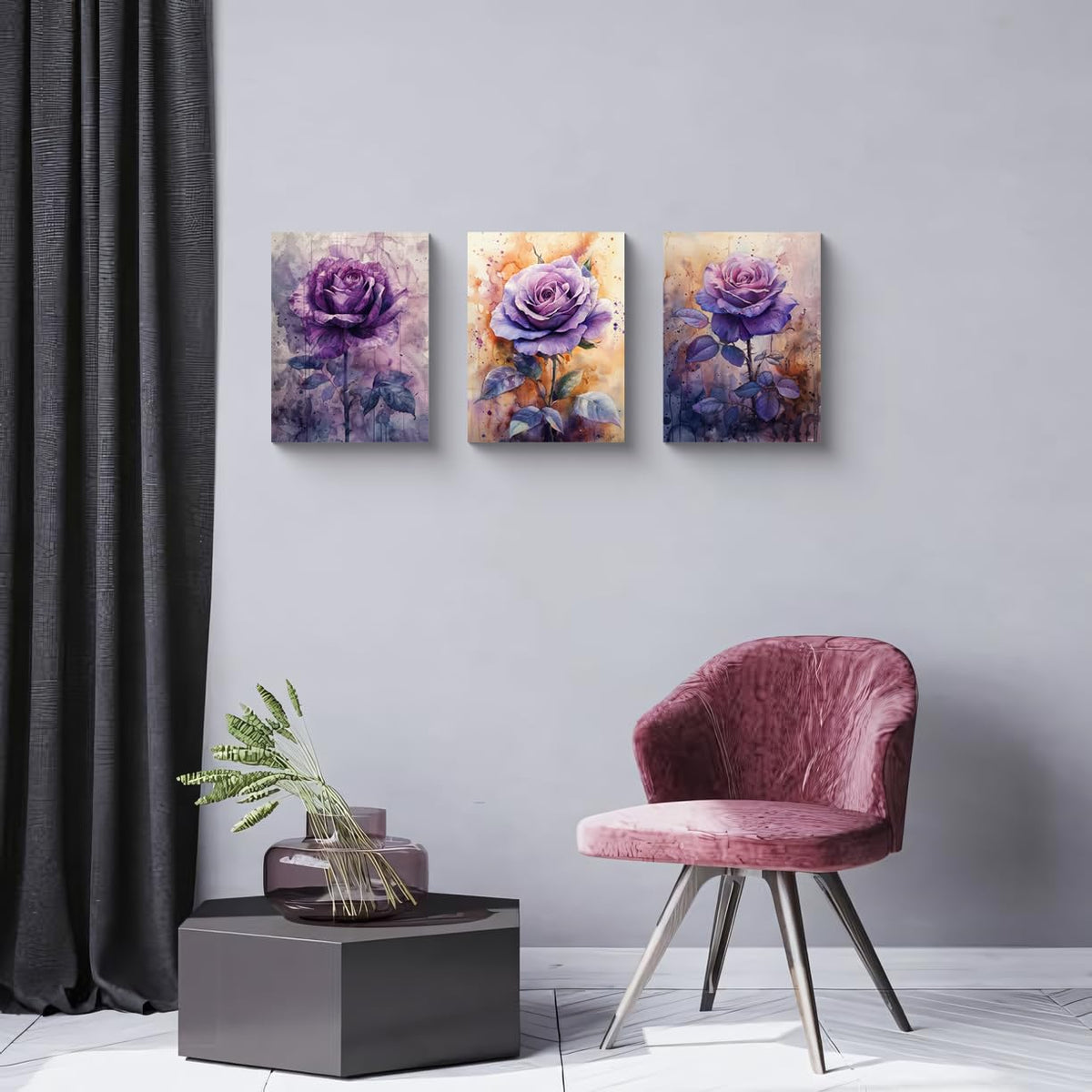 3PCS Purple Rose Watercolor Canvas Wall Art Floral Botanical Violet Rose Flower Bloom Romantic Modern Home Decor for Bedroom Living Room Bathroom or Office Artistic Garden Style Wall Deco (12 x 16 inches (3-Piece Set) / Purple Rose-2)