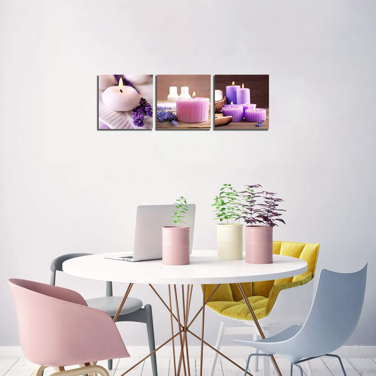 Zen Canvas Wall Art Spa Still Life With Purple Aromatherapy Candles And Zen Stone Aroma Lavender Flower Painting Pictures Print on Canvas Ready to Hang for Bathroom Decoration (16X16inchX3pcs / lavender candles)
