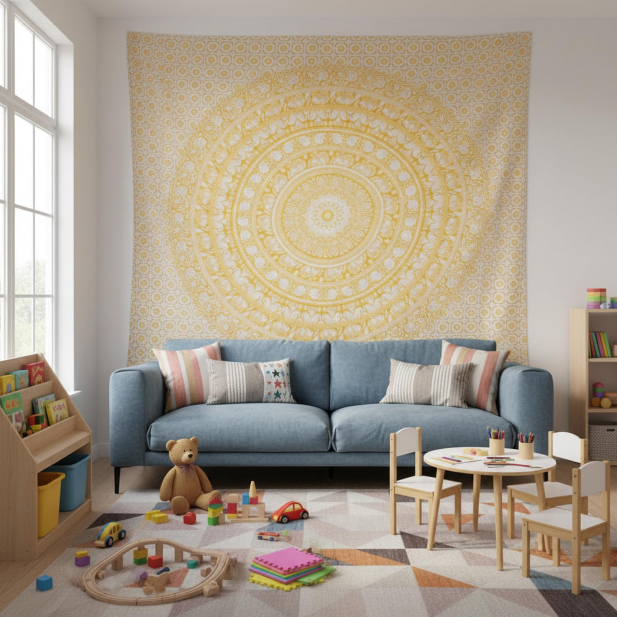 Cotton Mandala Tapestry (Yellow / 90"L x 108"W)