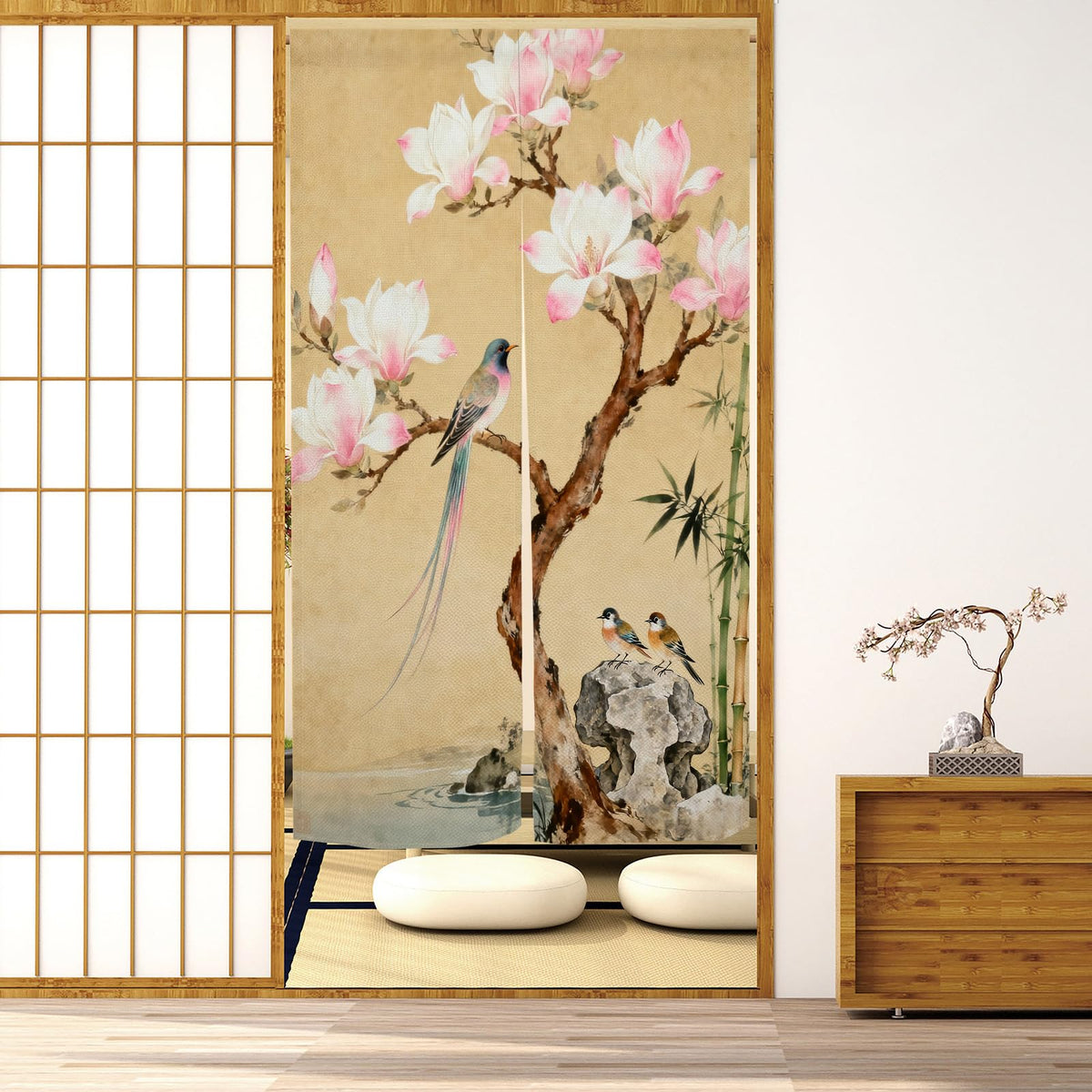 Noren Doorway Curtain Flower Bird Door Curtains 33.5x59inch (Beige Pink / 33.5"W x 59"L (Pack of 1))