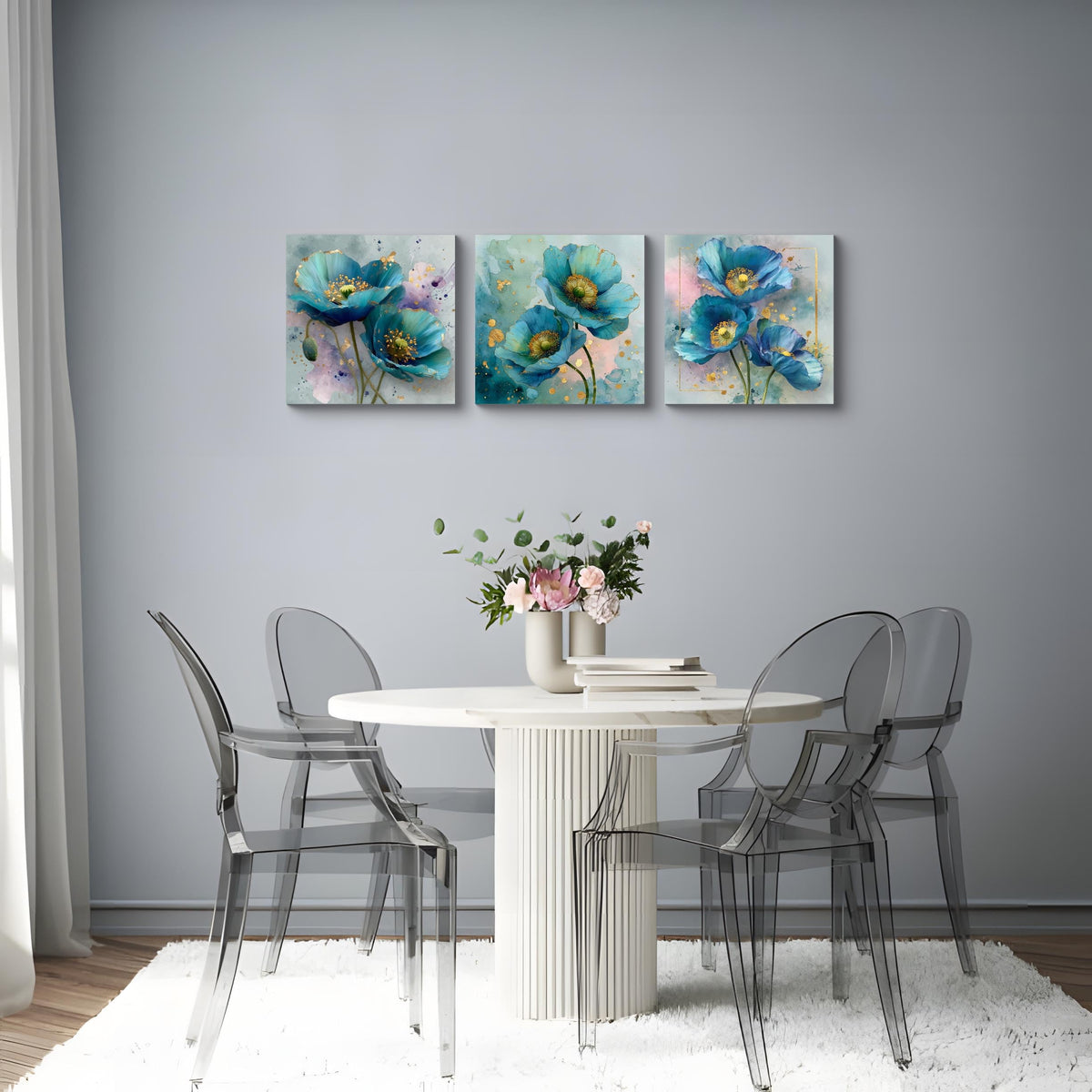 3Pcs Blue Teal Poppy Flower Wall Art Canvas Print with Gold Accents Modern Botanical Floral Contemporary Watercolor Style Elegant Flower Artwork for Living Room Bedroom Home Office Wall Decor (20 x 20 inches (3-Piece Set) / Blue Poppy)