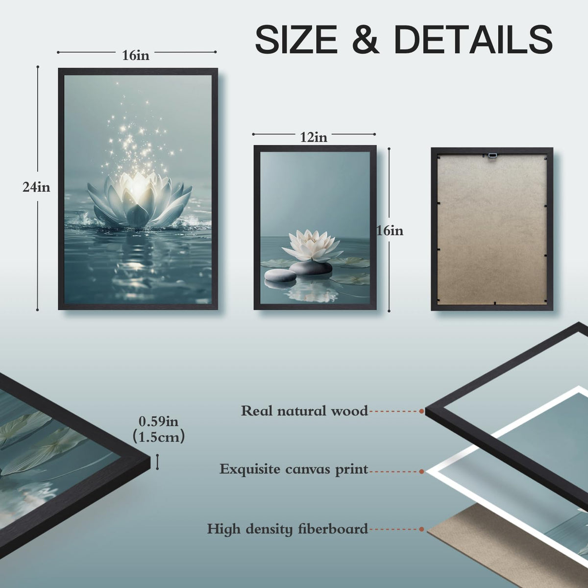 Wood Framed Lotus Flower Zen Stones Wall Art Set of 3 (Zen(Wood) / 24"L x 16"W)