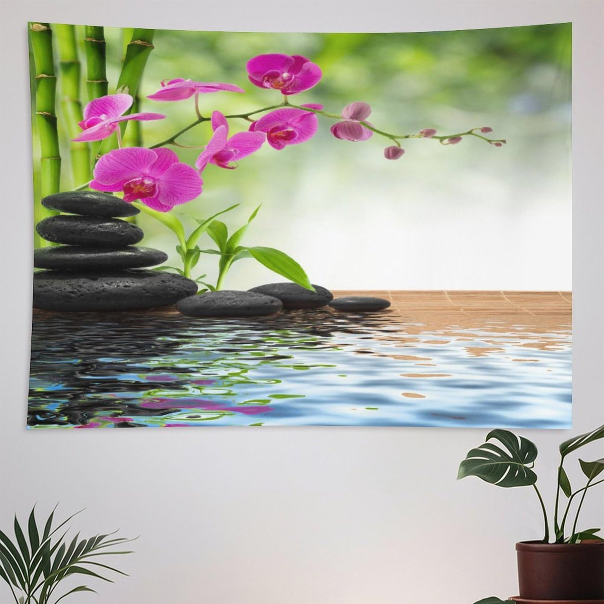 Spa Tapestry Wall Hanging Orchid Flowers Pebble Stones and Bamboo on Water Image Tapestries Home Decor for Living Room Bedroom Farmhouse Kitchen Dorm 40"x60" (40"L x 60"W / Zen-3)
