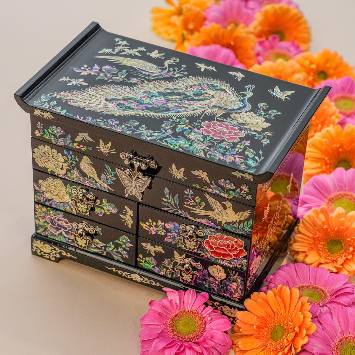 Mother of Pearl Wooden Jewelry Organizer Box (Peacock)