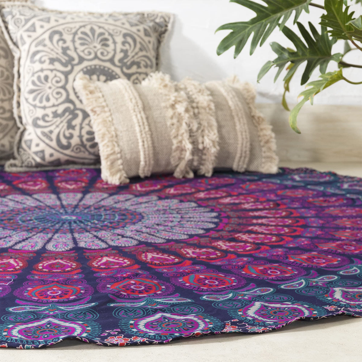 Round Tapestry with Tassel Wall Hanging Ombre Hippie Mandala Bohemian Hippy Intricate Indian Tapestries Tablecloth 70 Inches (Blue Multicolor / 70"L x 70"W)