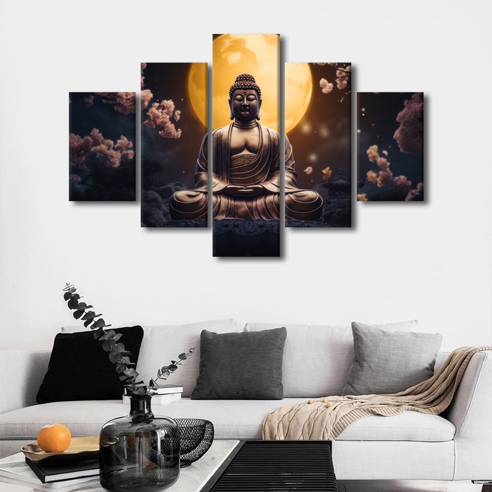 Canvas Wall Art Modern Buddha Painting Art Decor Buddha Statue Surrounded By Trees Poster Prints on Canvas 5 Panel Canvas Art for Bedroom Office Decor Stretched and Framed Ready to Hang 60x40 in (60x40 in / 5PANEL-11)