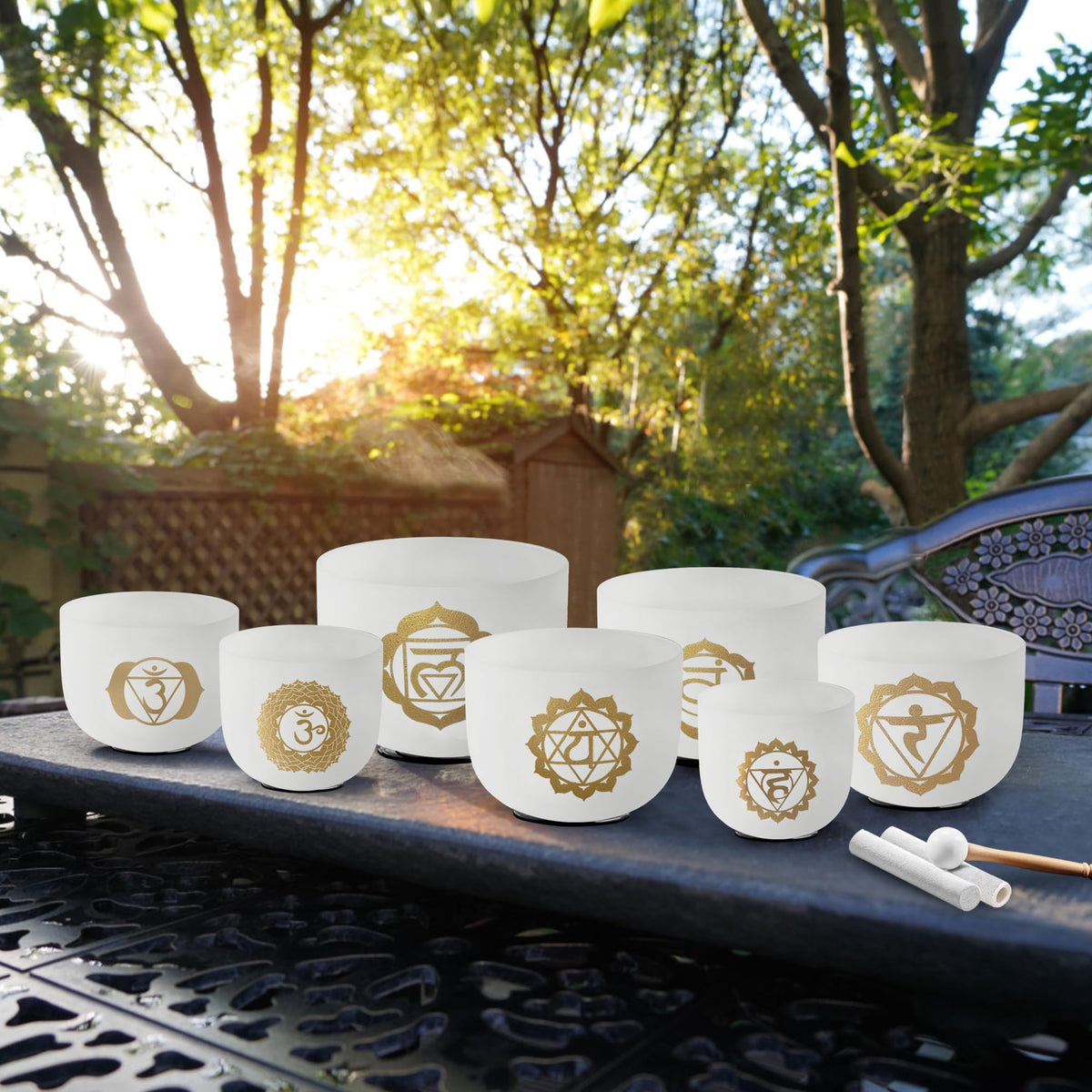 432Hz 7" 12" Gold Chakra Design Crystal Singing Bowl Set of 7 (7-12 Inch 432Hz / Gold Chakra)