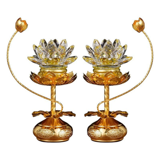 1 Pair Colorful LED Crystal Lotus Buddhist Lamp (Pale Gold / 8 inches)