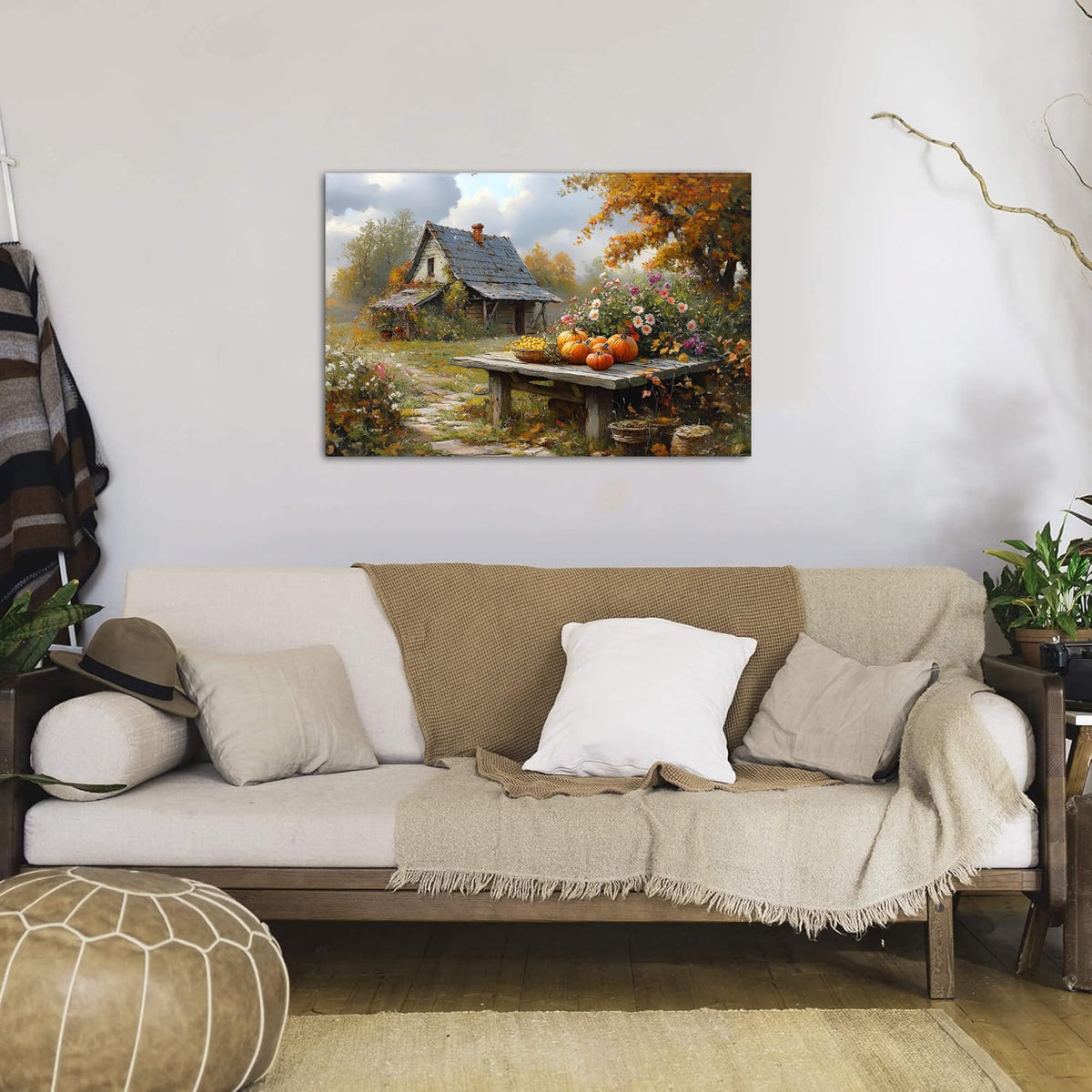 Farmhouse Country Autumn Landscape Wall Art Fall Pumpkin Picture Canvas Prints Colorful Wildflower Wall Decor (36"L x 24"W / Pumpkin5)