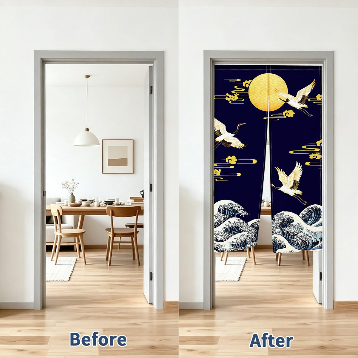 Japanese Noren Doorway Curtain (Navy Crane Moon Wave)