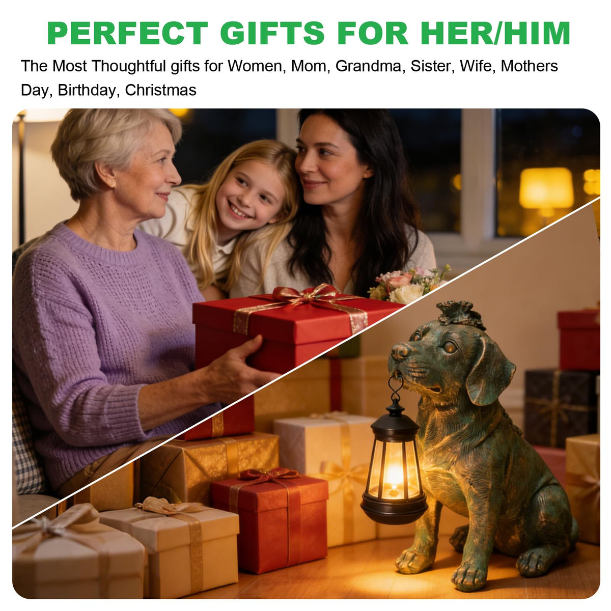 Garden Statue Dog Figurine Decor with Solar Lights 11in Outdoor Decoration (Bronze - Dog with Lantern)