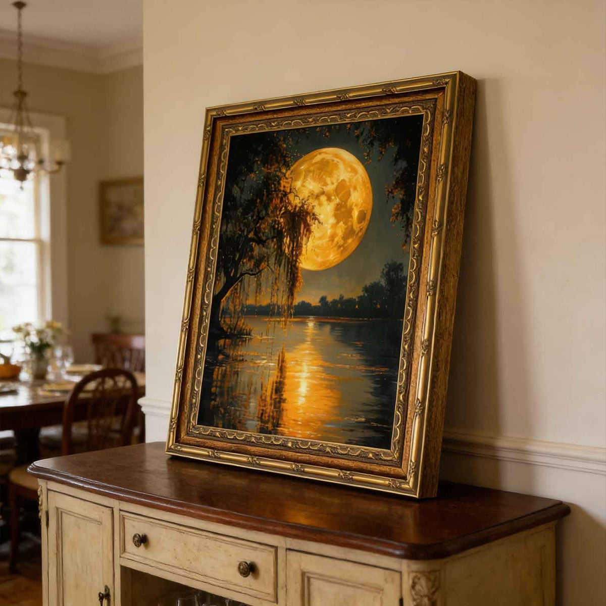 Full Moon Lake Canvas Wall Art Framed Moon Forest Tree Decor Picture Vintage Moody Dark Gold Living Poster Prints for Study Office Corridor Room Resort Home Decoration (moon / 24"L x 16"W)