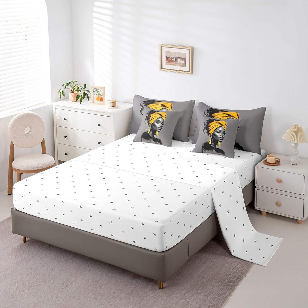 Black Women Comforter Set Full Size 7 Piece (Grey and Yellow / Full)