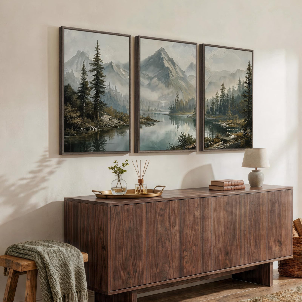 3 Piece Large Framed Mountain Landscape Wall Art for Living Room (Gray / 24" W x 36" H x 3Pcs)