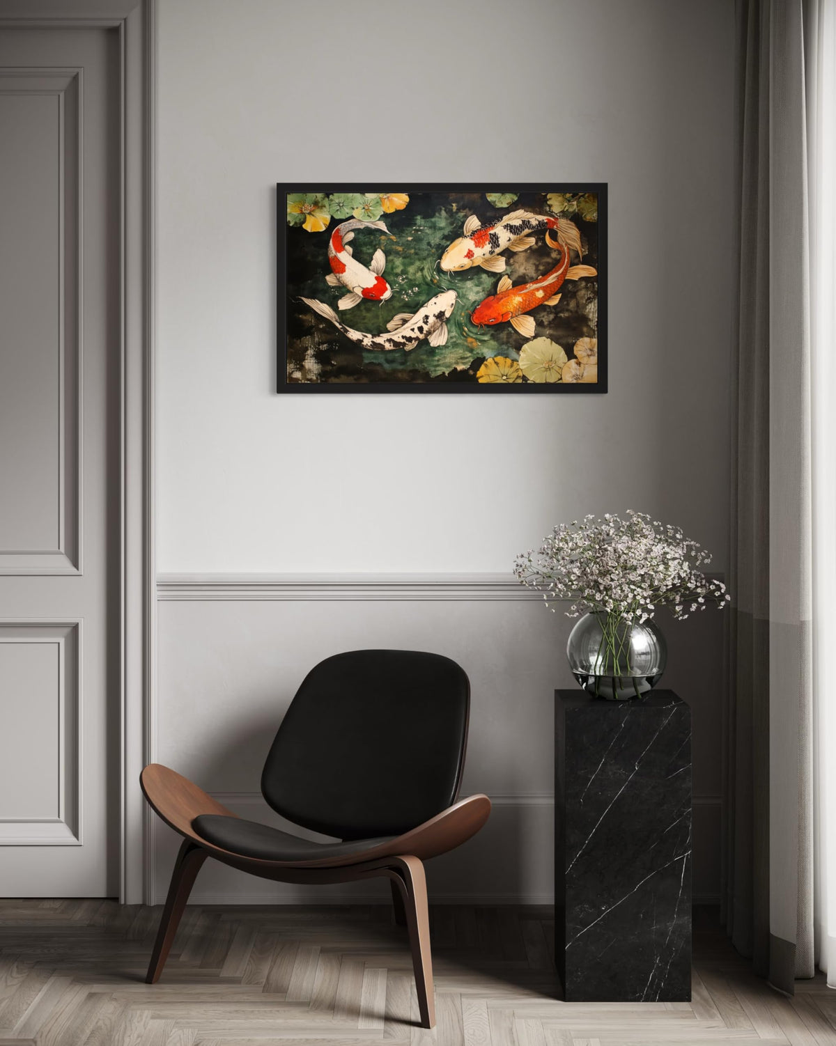 Koi Pond Black Framed Wall Art Print Poster (Koi Pond / 14"L x 11"W)