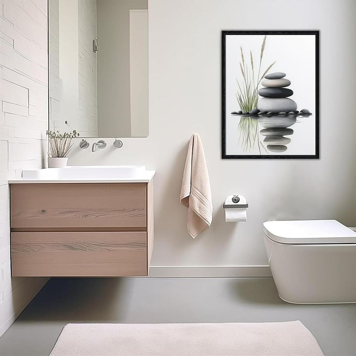 Beautiful Tranquil Zen Stacked Stones with Water Reflection Canvas Wall Art (Zen (Black Framed) / 24"L x 16"W)