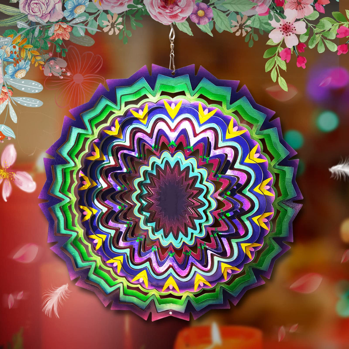 Wind Spinner Mandala Lucky Star Purple Color 12 inch 3D Stainless Steel Laser Cut Metal Art Geometric Pattern (12inch / Mdl09)