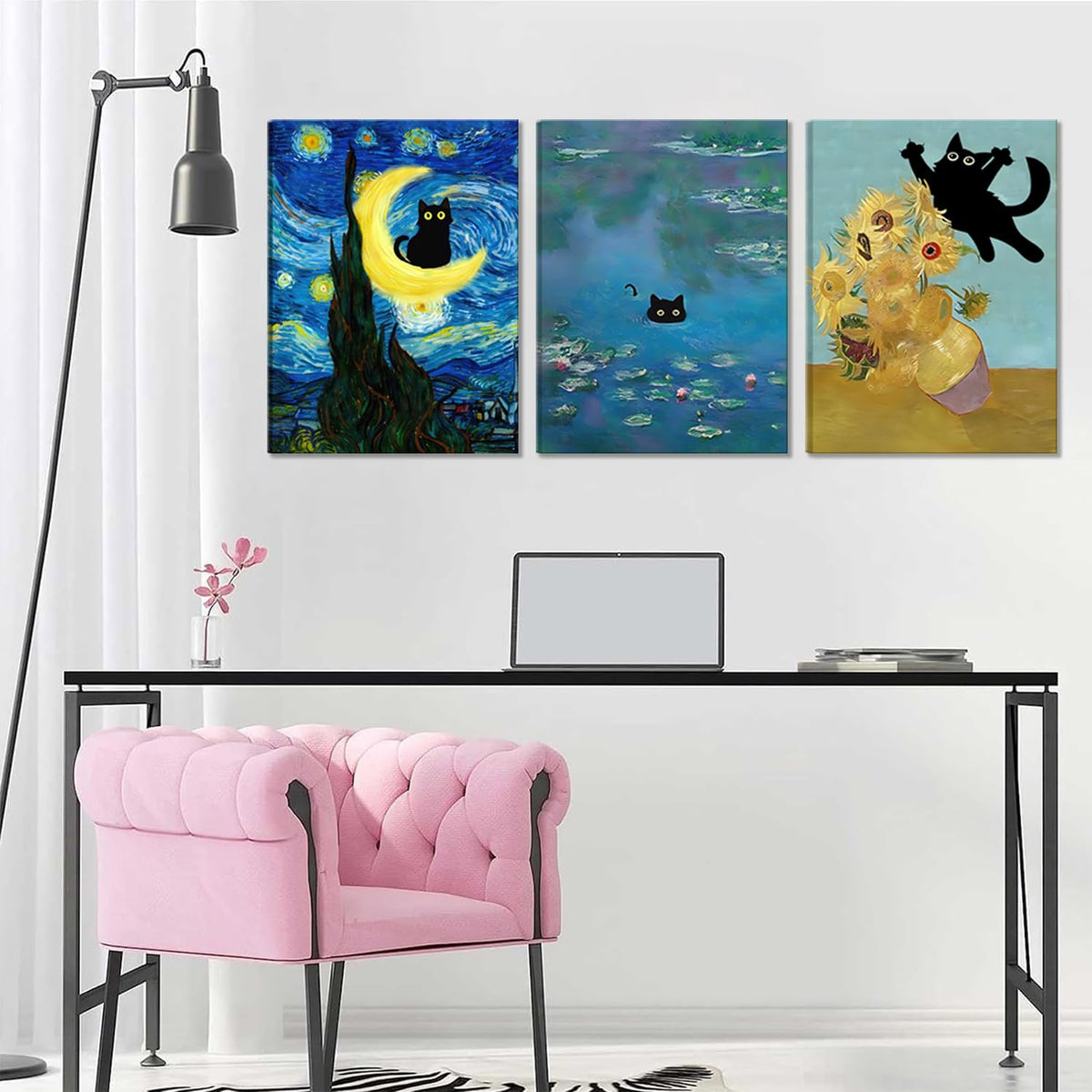 Funny Black Cat Wall Art Monet Cat in Water Lilies Canvas Wall Decor Van Gogh Starry Night Sunflower Aesthetic Pictures Paintings Prints for Bedroom Living Room Bathroom 12x16 in Framed (Cat canvas / 16L"x12W")