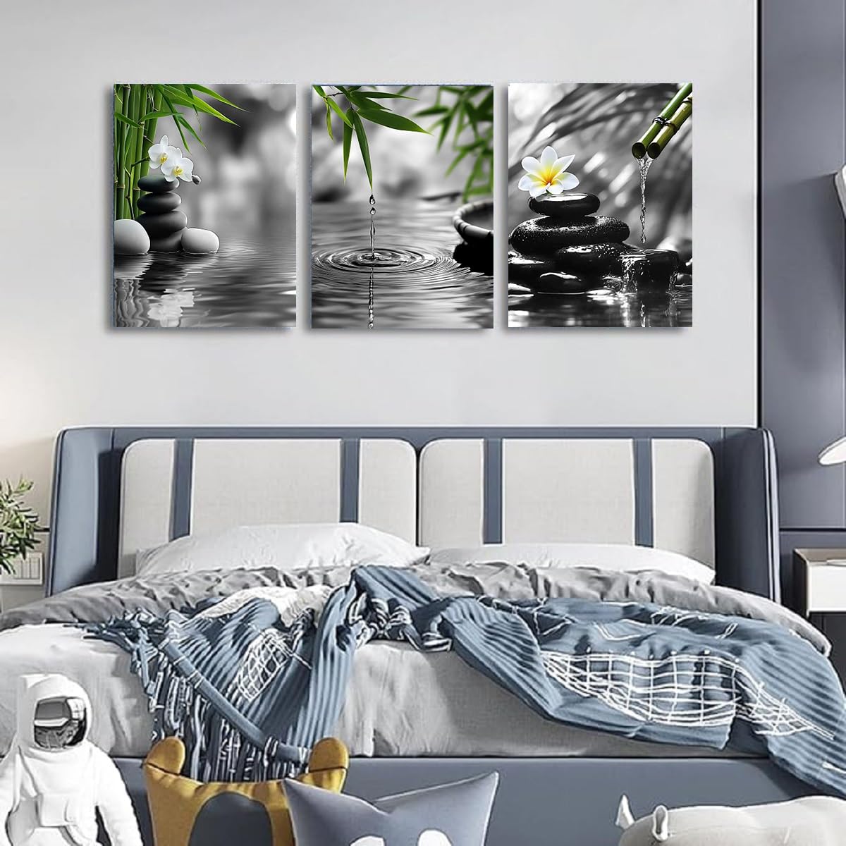 Bathroom Zen wall art Black and White Green Decor Gray Canvas Pictures Zen Poster Prints Buddha Artwork for Spa Bedroom Wall Art Kitchen Office Home Living Room Decor Framed (BAgrayZ3 / 12"x16"inches x 3 pcs)