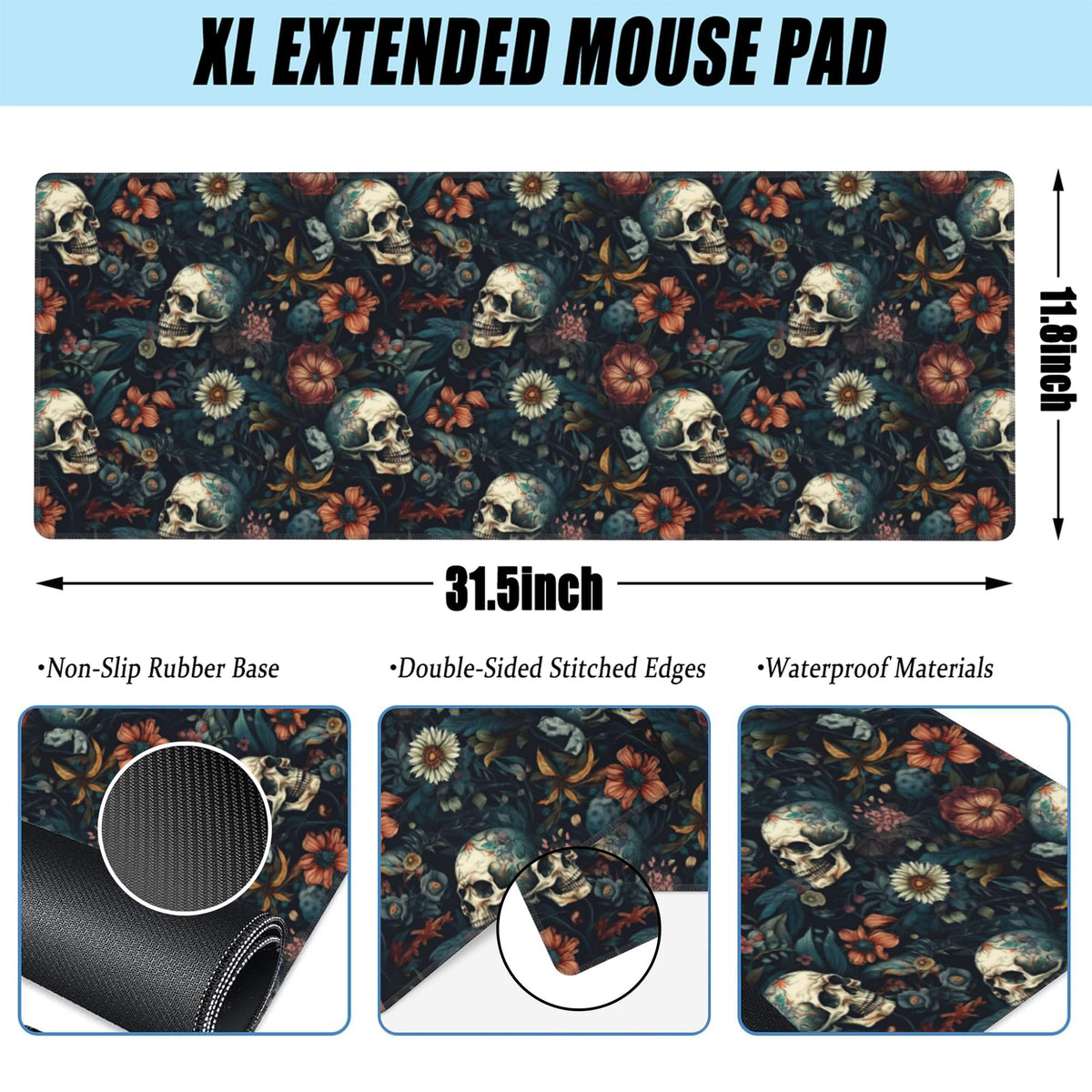 Desk Mat Skulls with Flowers Large Gaming Mouse Pad XL (11.8" x 31.5" / Skulls With Flowers)