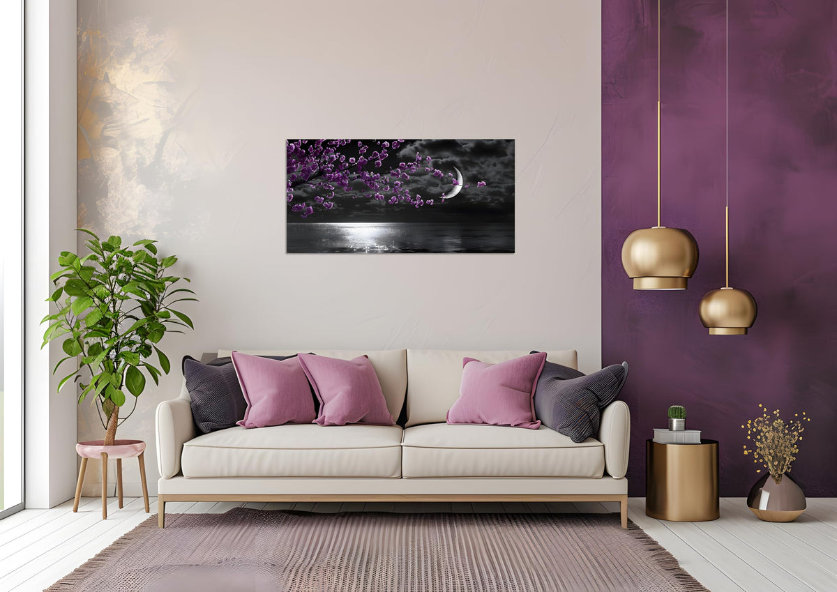 1 Panel Purple Picture for Bedroom Purple Bedroom Pictures Wall Decor Black and White Seascape Full Moon Purple Flower Print on Canvas for Home Decor Stretched and Framed 16x32 inch (32"L x 16"W / Purple Flower 9)