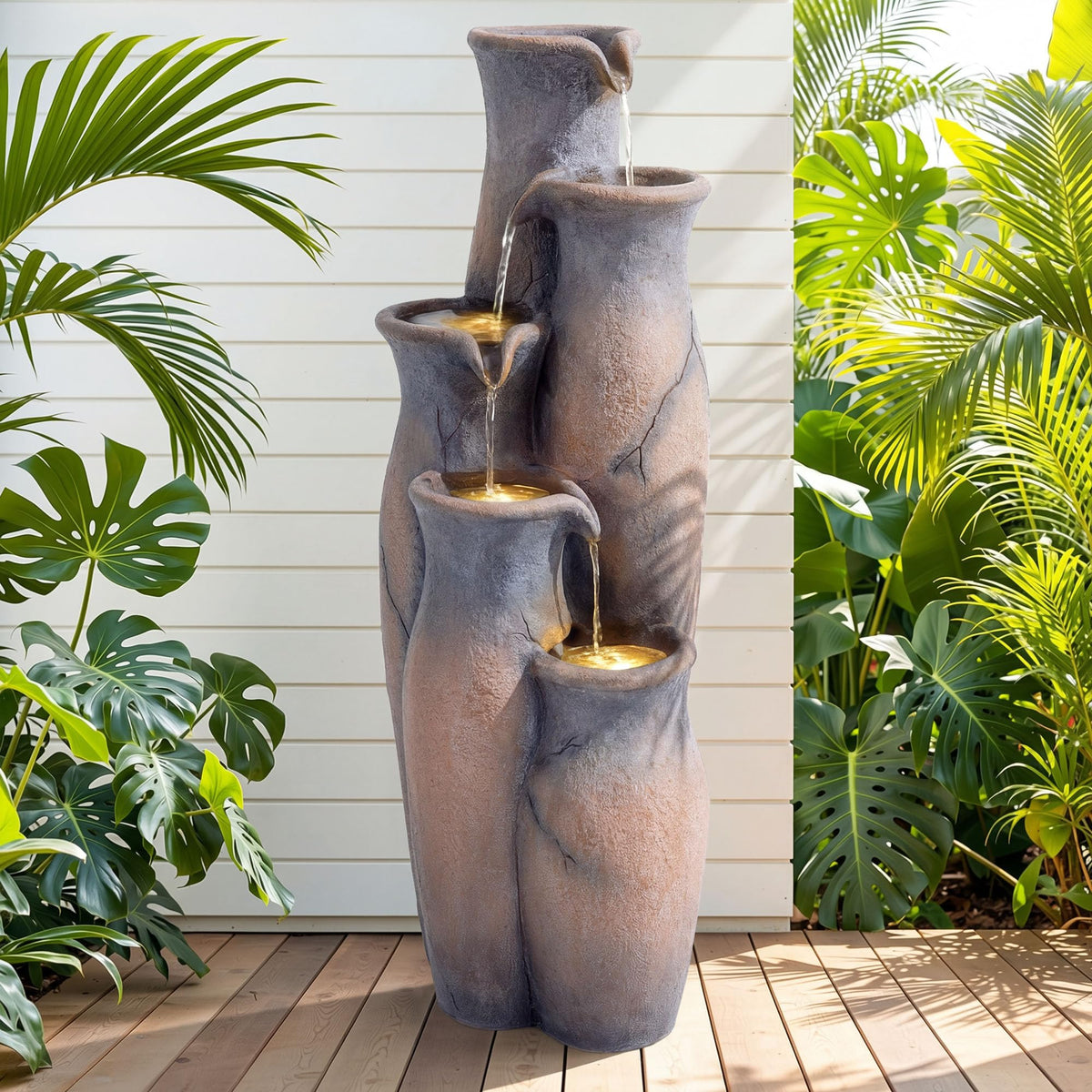 33" Faux Terracotta Vase Water Fountain Outdoor with Warm LED Lights (Tone Rustic Terracotta 33"h)