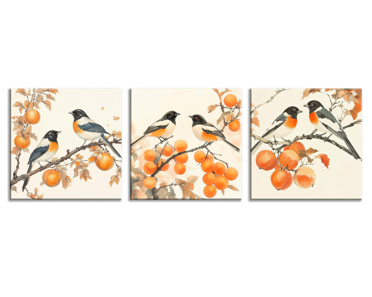 3PCS Vintage Style Watercolor Birds Orange Fruits Canvas Wall Art Botanical Autum Natural Scene Artwork for Living Room Bedroom Office Calming Wildlife and Fruit Branch Framed Canvas Prints (Birds Orange Fruits / 16x16 inches (3 pieces))