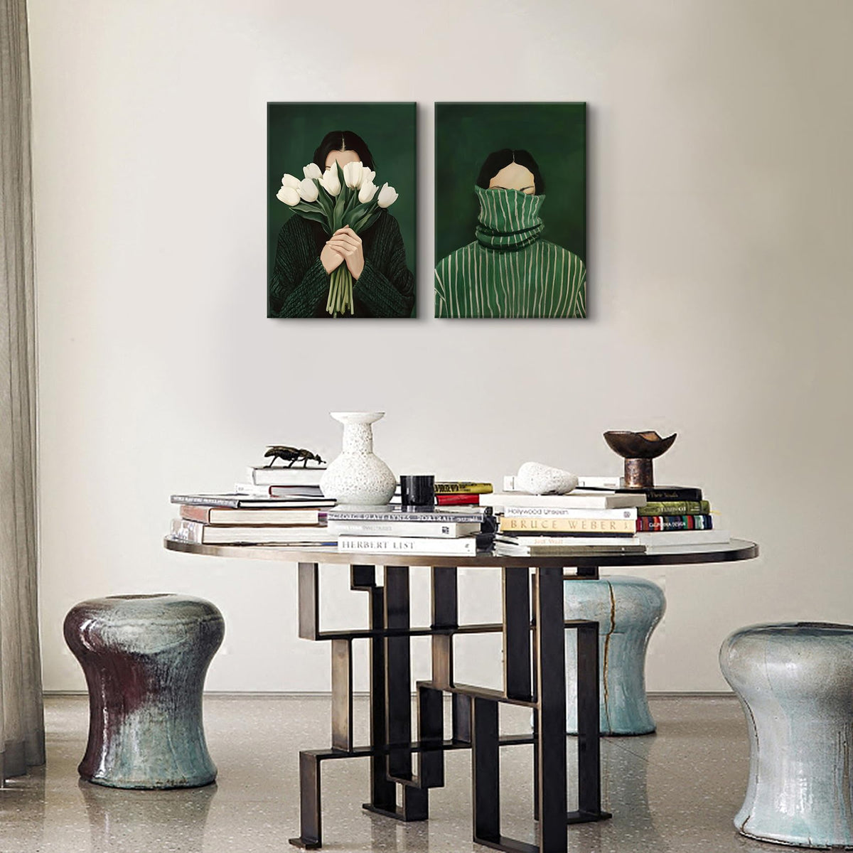 Vintage Emerald Green Abstract Woman Wall Art Funky Feminine Girl Aesthetic Canvas Wall Decor Person Holding White Tulips Picture Print Eclectic Bedroom Living Room Painting (Flower Woman / 24"L x 16"W)