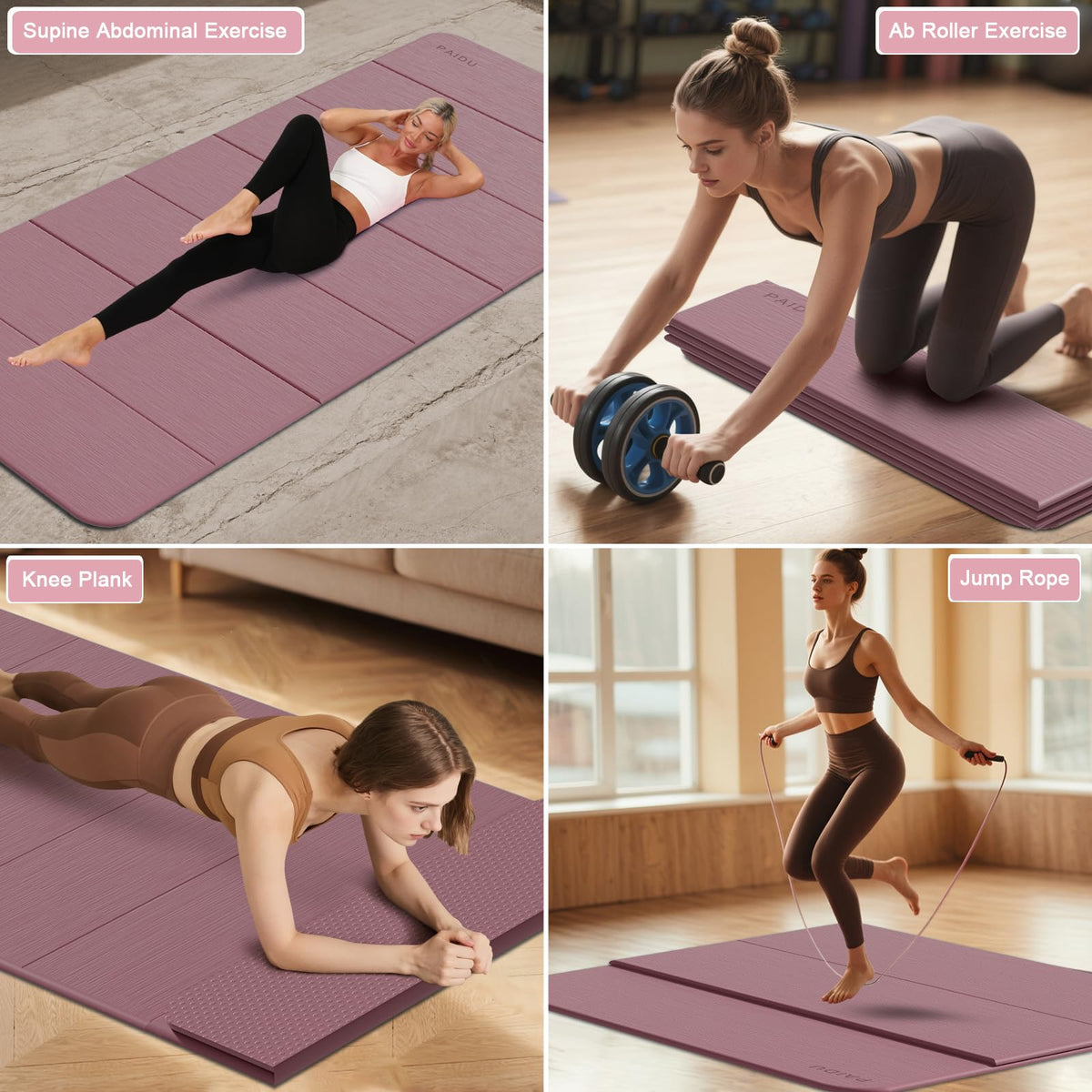 Foldable Yoga Mat 10MM Thick 75‘’x40‘“ Quick Fold Easy Storage (Deep Pink)