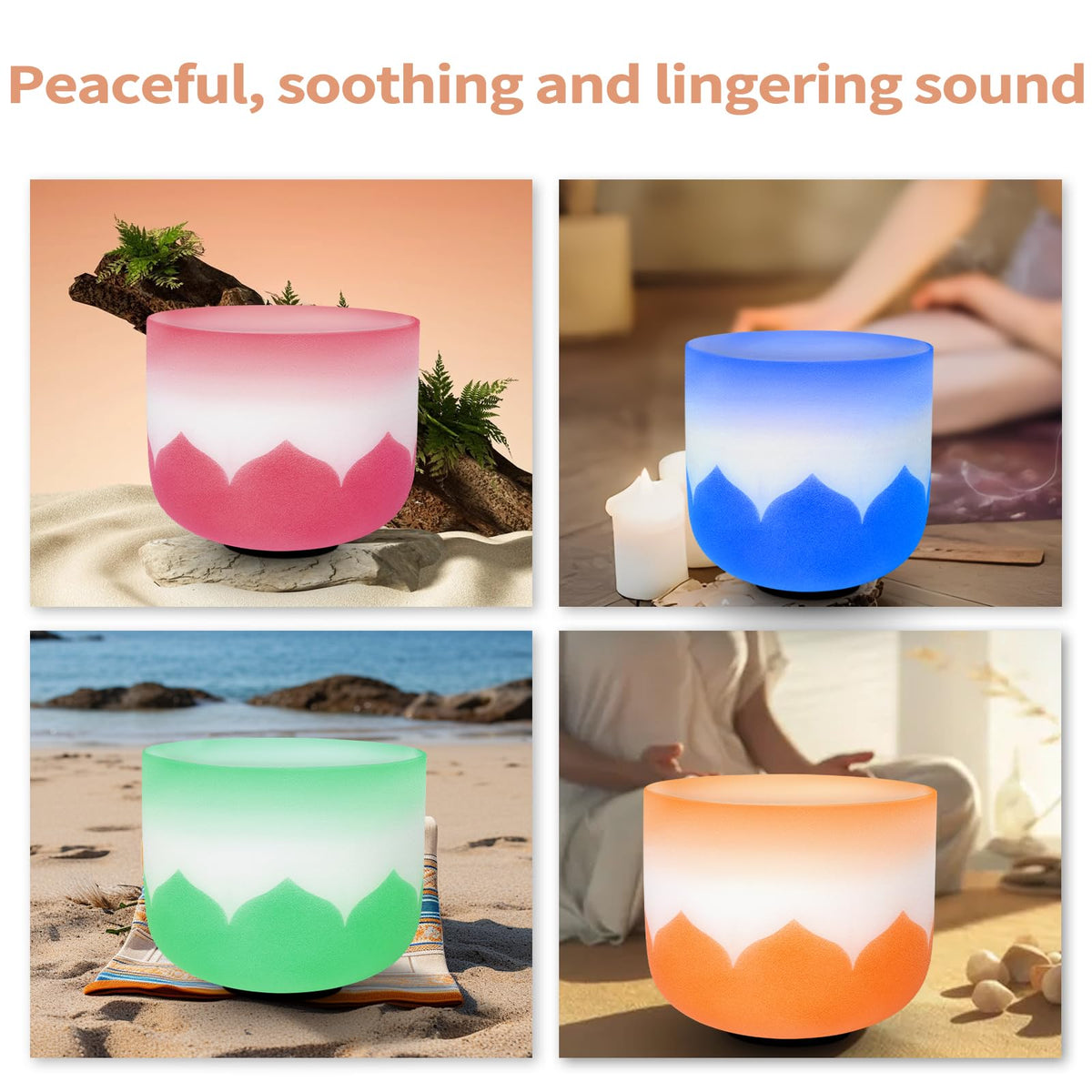 6 12 inch Lotus Design Colored Rim Chakra Tuned 432hz Set of 7 Quartz Crystal Singing Bowls with Heavy Duty Carrying Cases and Singing Bowl Mallet Suede Strikers (Set of 7, 6-12 inches / Lotus design with colored edge)