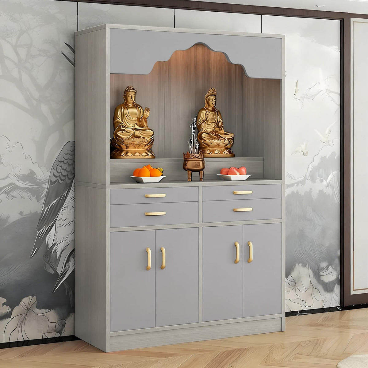 Altar Table Wood Meditation Prayer Table (Light Gray + Light Gray Wood / 47.2" x 15.7" x 63.8")