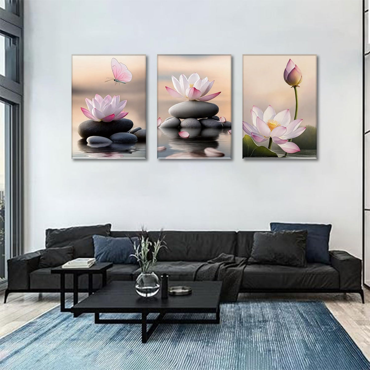 3 Piece Lotus Flower Wall Art Zen Bathroom Wall Decor Spiritual Canvas Art Yoga Room Pink Lotus Pictures Meditation Paintings Spa Artwork For Living Room Bedroom (Lotus Pink / 16x24in)