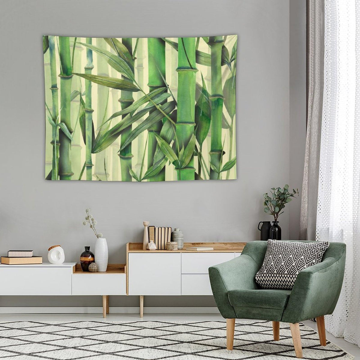 Nature Green Bamboo Print Tapestry Wall Hanging Asian Japanese Plant Rustic Stems Leaves Jungle Tapestries Home Decor for Living Room Bedroom Apartment Farmhouse Dorm 30"x40" (30"L x 40"W / Bamboo-2)
