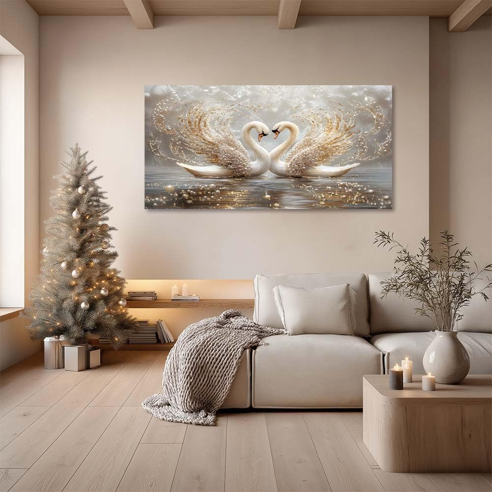 Romantic Swan Canvas Wall Art Gold Glitter Pearl Animal Painting Print Gallery Wrapped Luxury Heart Swan Artwork for Living Room Bedroom Bathroom Decor (Mysterious / White Swans Love 3 / 40"L x 20"W)