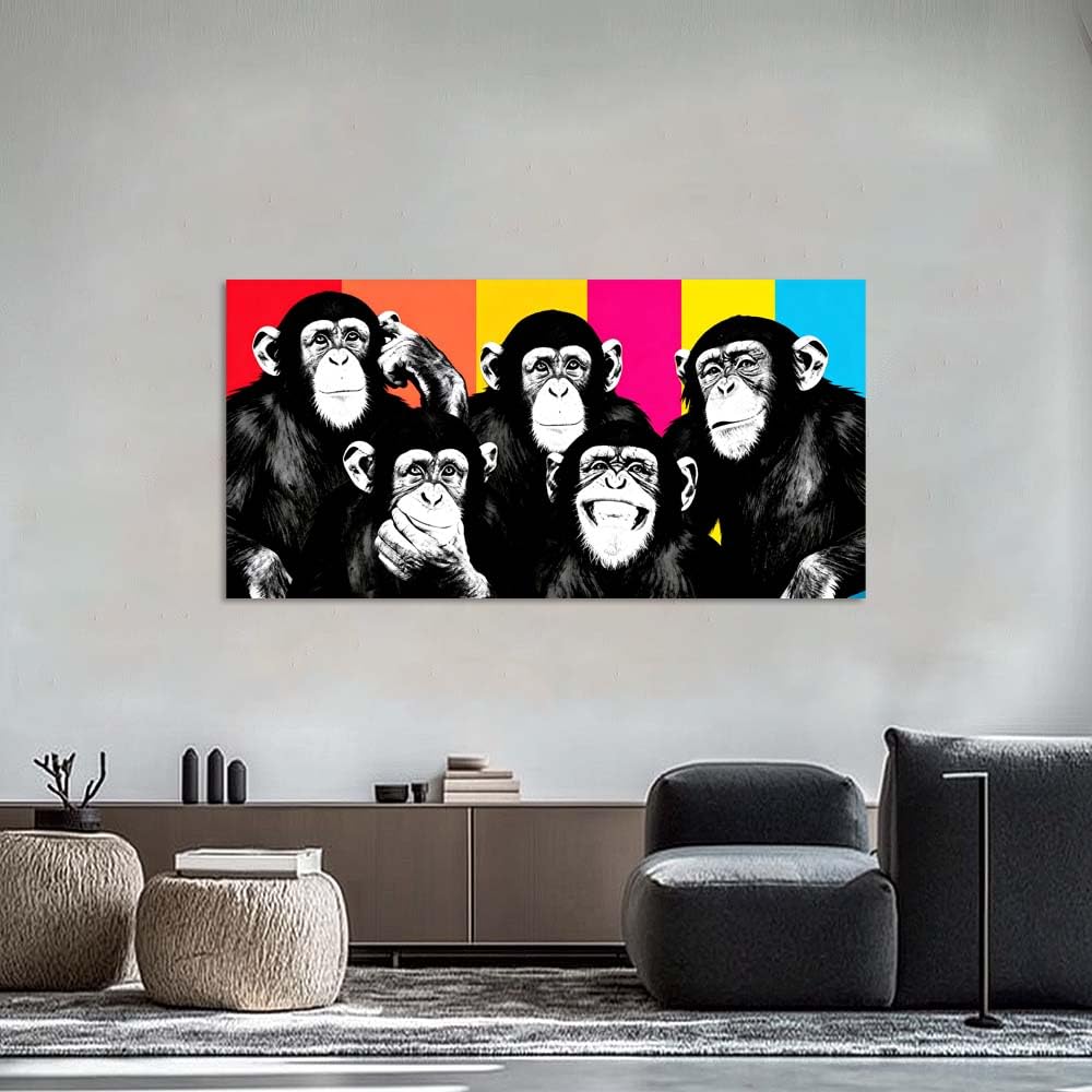 Colorful Pop Art Monkey Canvas Wall Art Funny Chimpanzee Animal Painting Print Gallery Wrapped Humorous Street Art Artwork for Living Room Bathroom Bedroom Decor (Wildlife / Black Monkeys 2 / 58"L x 28"W)