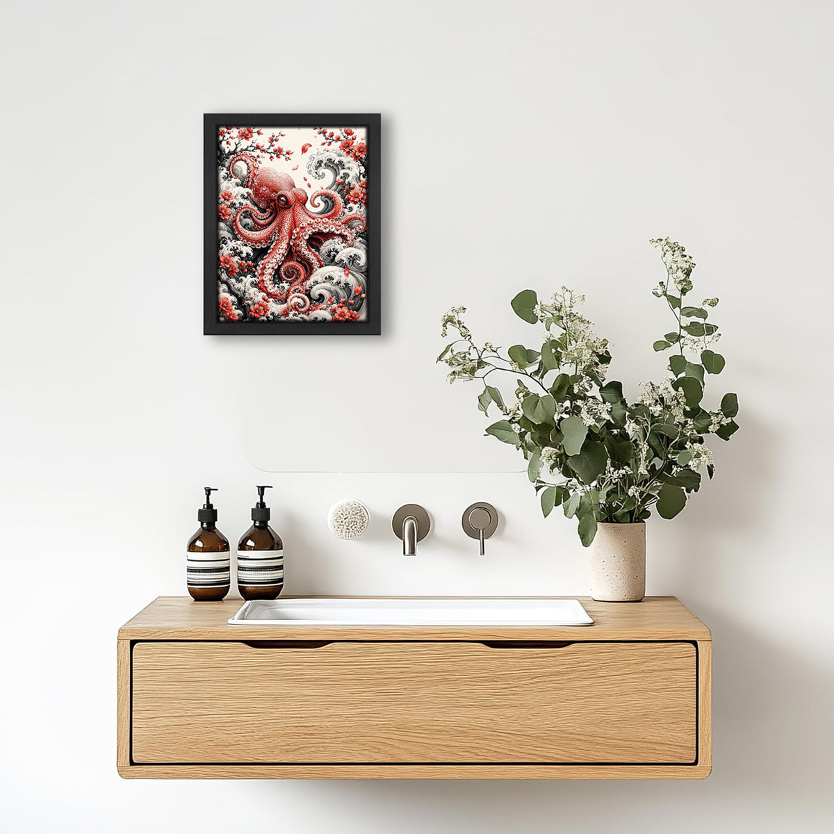 Japanese Octopus Decor Wall Art (Wall Art Framed 04 / 10"L x 8"W)