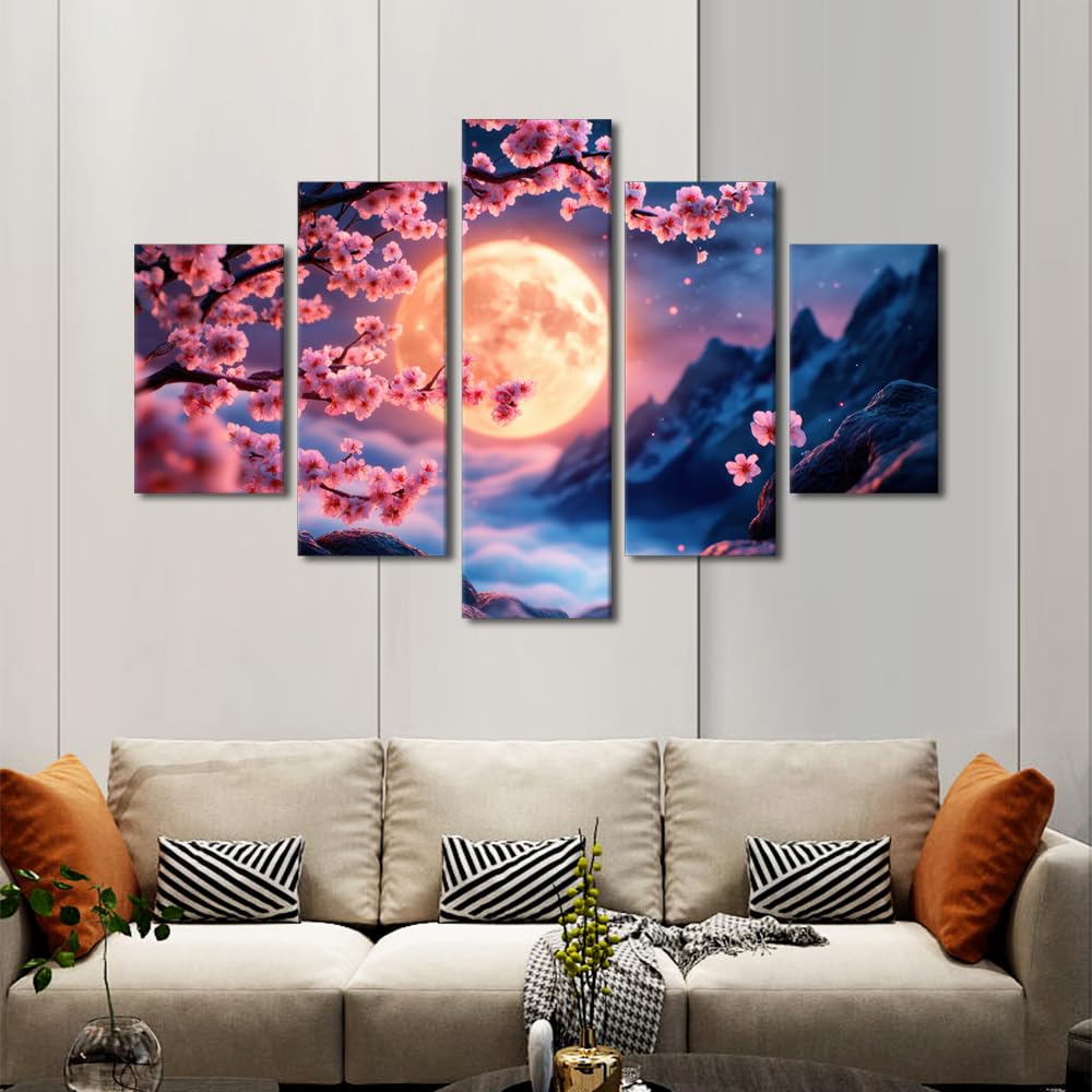 Canvas Wall Art Premium Cherry Blossoms Glow In Moonbeams Large Framed Poster Serene Mountain Backdrop Decor Meditation Space Wall Display Five Panel Floral Artwork 60" Wx40 H (60''Wx40''H / Artwork-07)