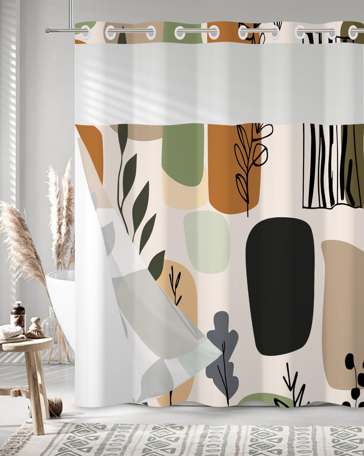 Boho & Abstract Geometric Shower Curtain with Snap in Liner Set (Boho-1)