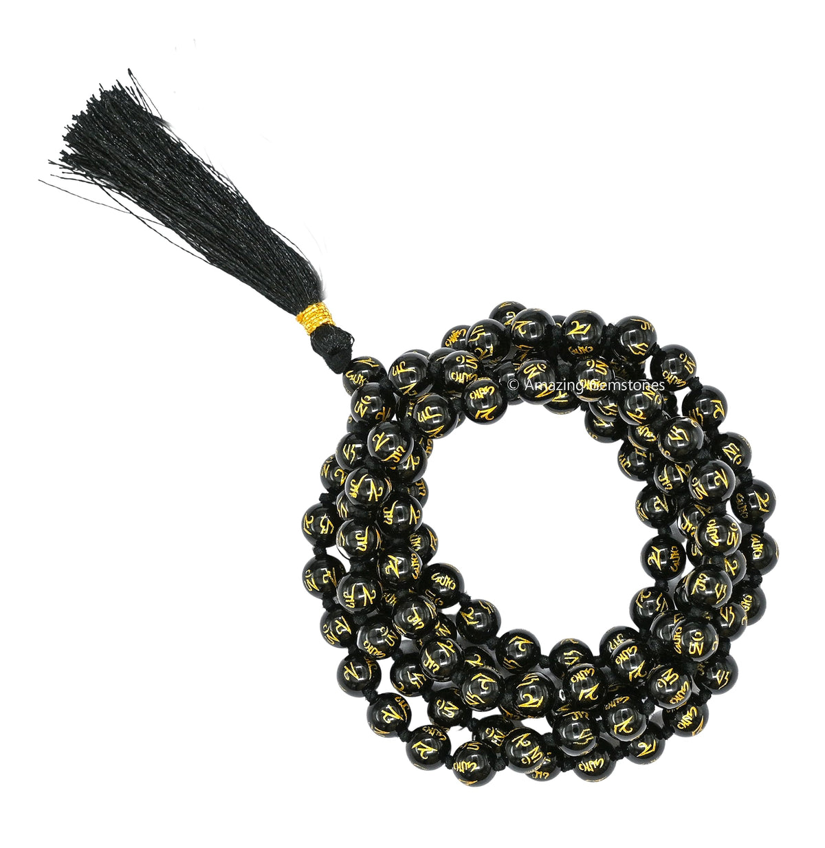 Black Agate Om Mani Padme Hum Mala Beads (Om Mani Padme Hum (Black Agate) / Knotted)