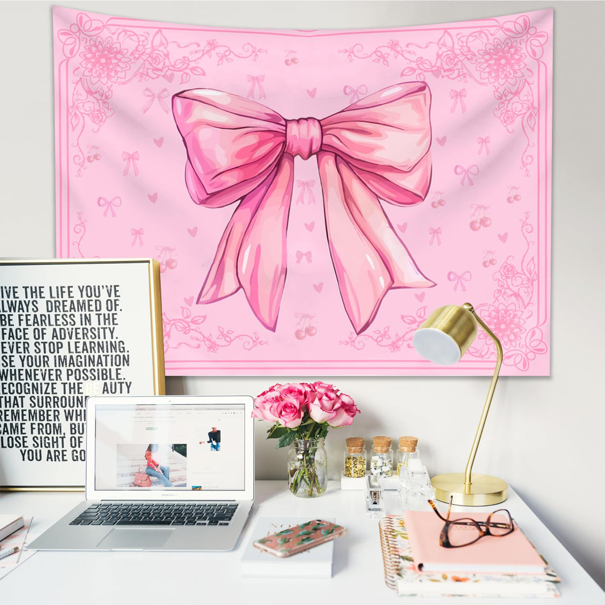 Pink Bohemian Wall Hanging Preppy Bow Tapestry for Teen Girls 60ʺ x44ʺ (Pink / 60"L x 44"W)